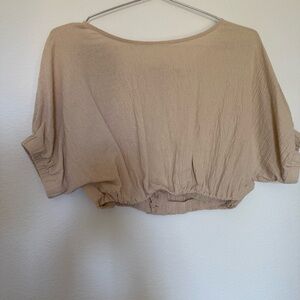 Miou Muse Tan Linen Cropped Top with Back Button Details Size Small
